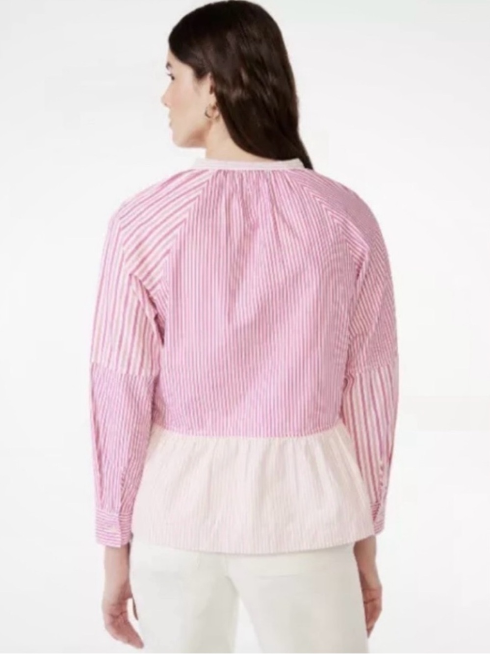 Striped Peplum Button Cuff Blouse - Pink & White - Picture 3 of 9
